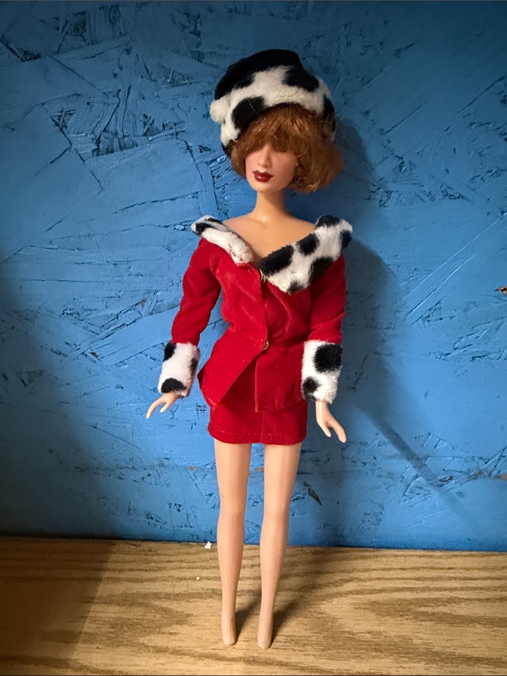 Barbie Red Jacket and Skirt Set with Black-and-White Faux Fur Accents